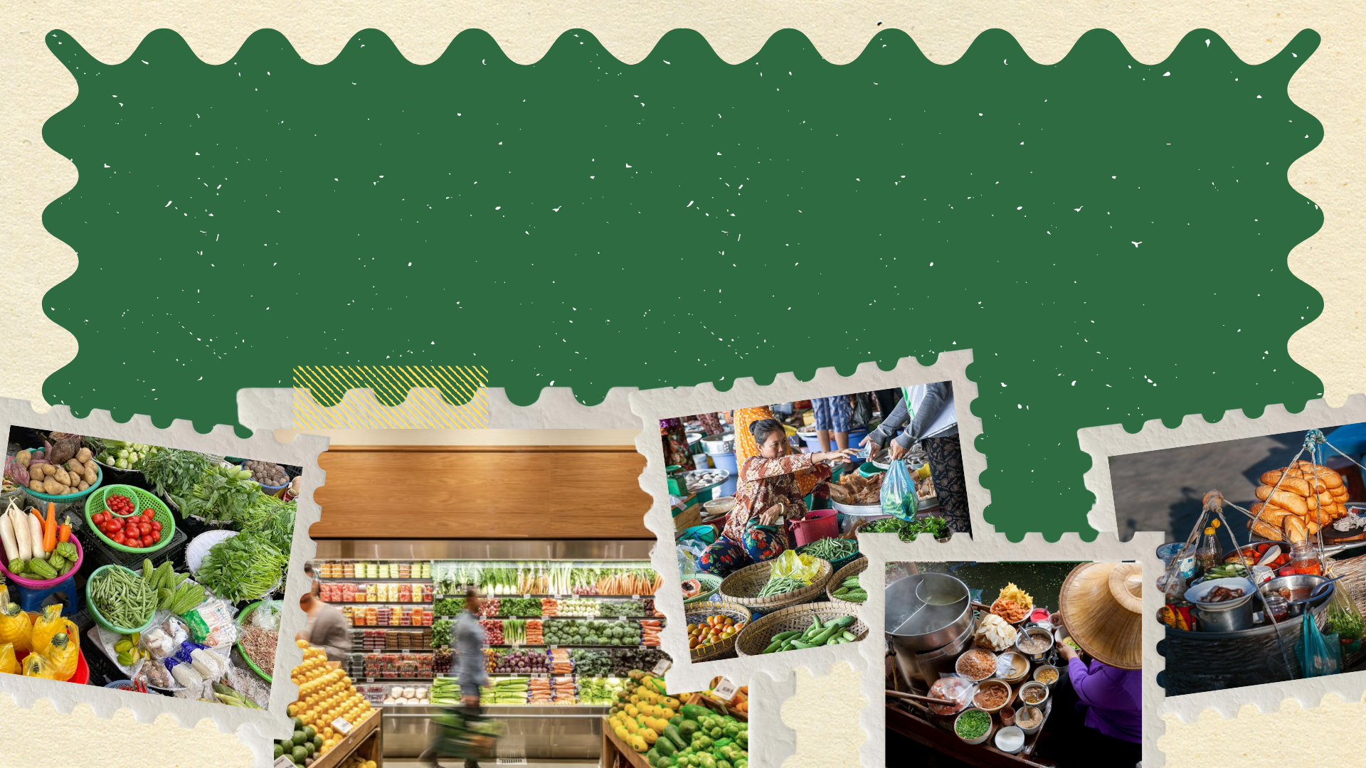 Vietnamese market collage with produce, groceries, street market, and food scenes