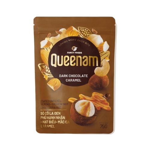 QN01 - (BLACK) Socola den phu caramel hanh nhan-hat dieu-mac ca/ Dark Chocolate Coated Caramel Almond-Cashew-Macadamia Nut