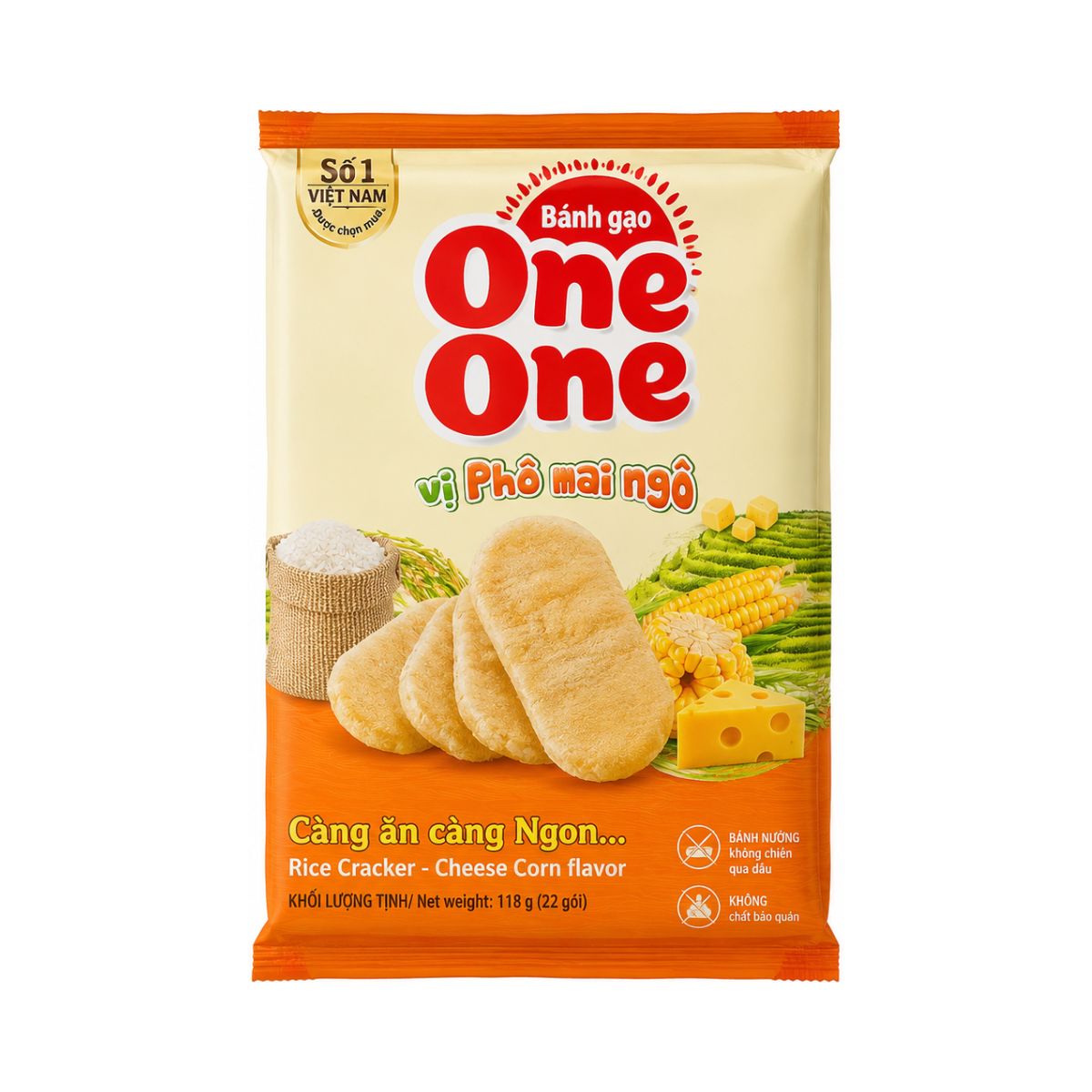 ONE05 - Banh Gao One One Vi Pho Mai Ngo/ One One Rice Cracker With Corn Cheese Flavorr * 118g x 22 Units