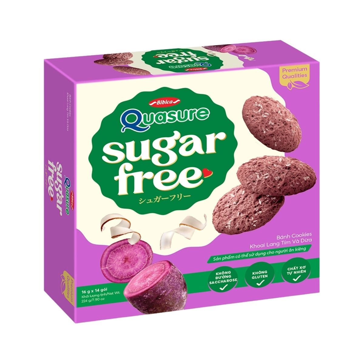 BICA04 - Banh khong duong Quasure khoai lang tim va dua/ QUASURE Sugar Free Cookies with Purple Sweet Potato and Coconut * 224g x 10 Units