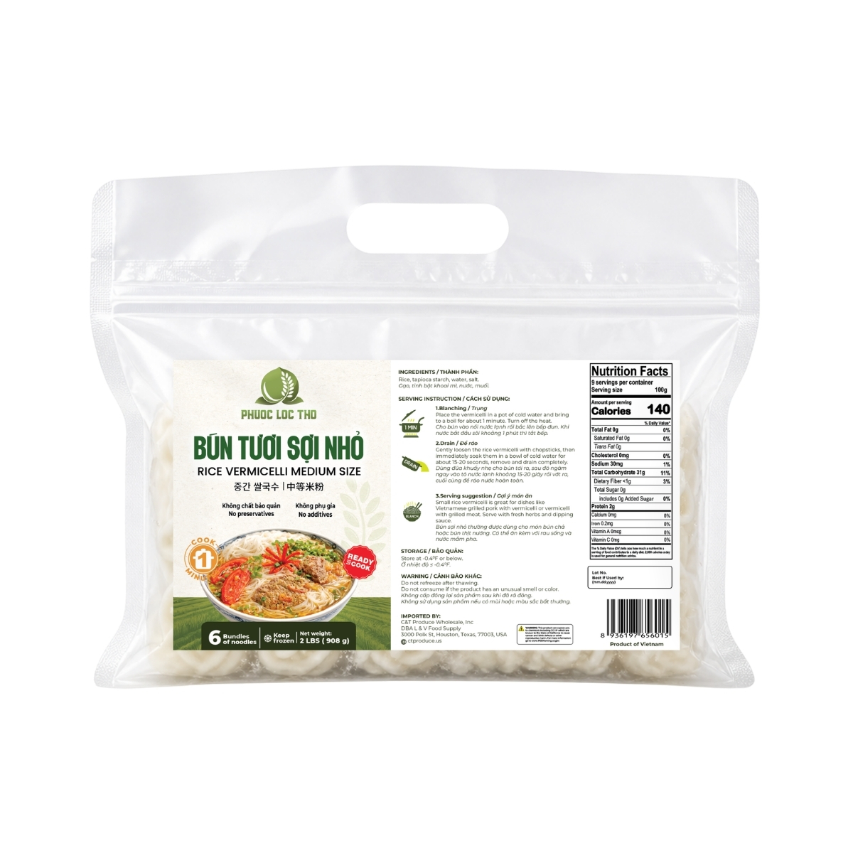PLT001 - Bun tuoi soi nho/ Rice Vermicelli Medium Size * 908g x 12 Units